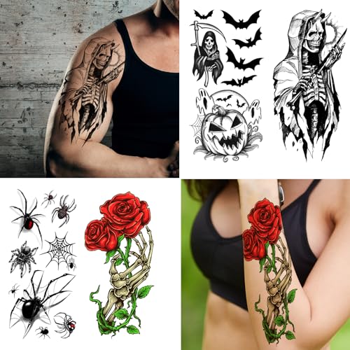 Zeecdatoo 52 Sheets Black Halloween Temporary Tattoos for Kids Men Women, Include 10 Sheets Large Half Arm Sleeve Fake Tattoos, 200+ PCS Spider Snake Tiger Lion Skull Bat Vampire Scar Halloween Tattoos - Image 2