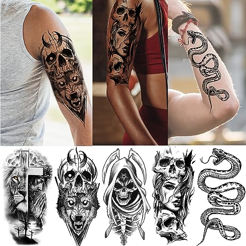 Zeecdatoo 52 Sheets Black Halloween Temporary Tattoos for Kids Men Women, Include 10 Sheets Large Half Arm Sleeve Fake Tattoos, 200+ PCS Spider Snake Tiger Lion Skull Bat Vampire Scar Halloween Tattoos - Image 3