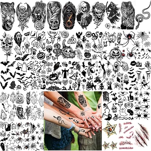 Zeecdatoo 52 Sheets Black Halloween Temporary Tattoos for Kids Men Women, Include 10 Sheets Large Half Arm Sleeve Fake Tattoos, 200+ PCS Spider Snake Tiger Lion Skull Bat Vampire Scar Halloween Tattoos - Image 4