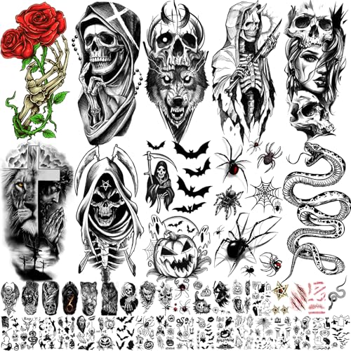 Zeecdatoo 52 Sheets Black Halloween Temporary Tattoos for Kids Men Women, Include 10 Sheets Large Half Arm Sleeve Fake Tattoos, 200+ PCS Spider Snake Tiger Lion Skull Bat Vampire Scar Halloween Tattoos - Image 1