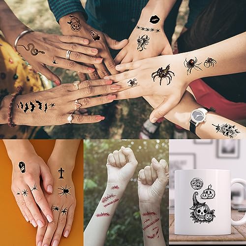 Zeecdatoo 52 Sheets Black Halloween Temporary Tattoos for Kids Men Women, Include 10 Sheets Large Half Arm Sleeve Fake Tattoos, 200+ PCS Spider Snake Tiger Lion Skull Bat Vampire Scar Halloween Tattoos - Image 5