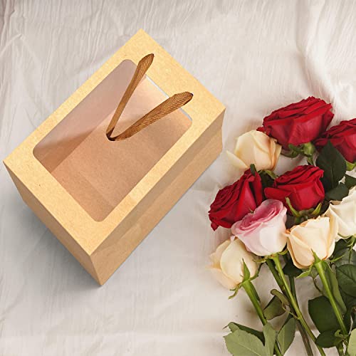 BallHull 24 Pcs Brown Paper Gift Bags with Transparent Window, 9.84"x7.0"x5.12" Kraft Shopping Bags with Handles for Bouquet Christmas Birthdays Festivals Party Weddings Wrapping - Image 3