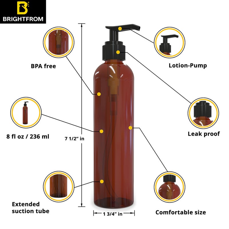BRIGHTFROM Lotion Pump Bottles, Empty 8 OZ, BPA-Free Refillable Plastic Containers, Amber with Black Dispenser for - Soap, Shampoo, Lotions, Liquid Body Soap, Creams and Massage Oil (2 Pack) - Image 2