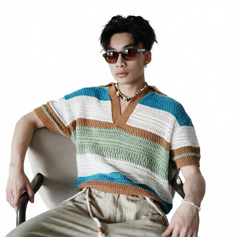 Mens Knitted Hollow Out Polo Shirt Short Sleeve Summer Mesh Top