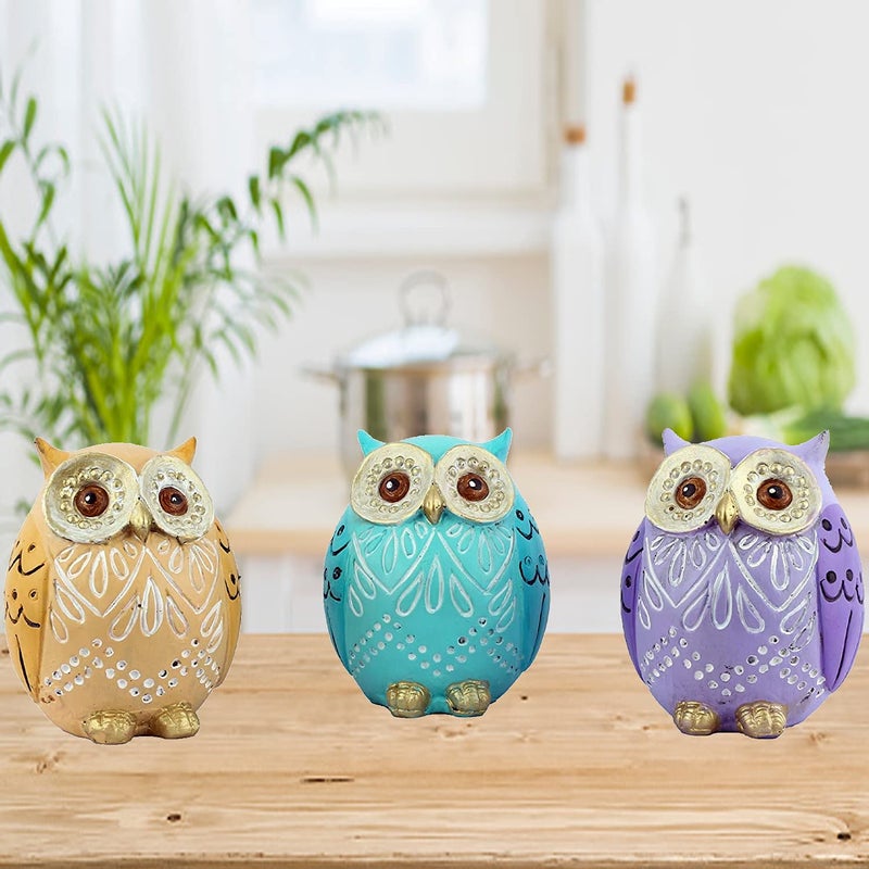 DEQUERA Dequera Owl Figurine 3 Pieces Animal Miniatures Mini Crafts Home Decor Modern Style Collection Living Room Gift Table Top Cute Model2