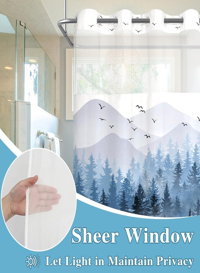 Accnicc No Hook Shower Curtain with Snap in Liner Blue Misty Forest Hookless Shower Curtains for Bathroom Foggy Nature Pine Tree Mountain Woodland Waterproof Fabric Bath Curtain Decor 71×74In - Image 2
