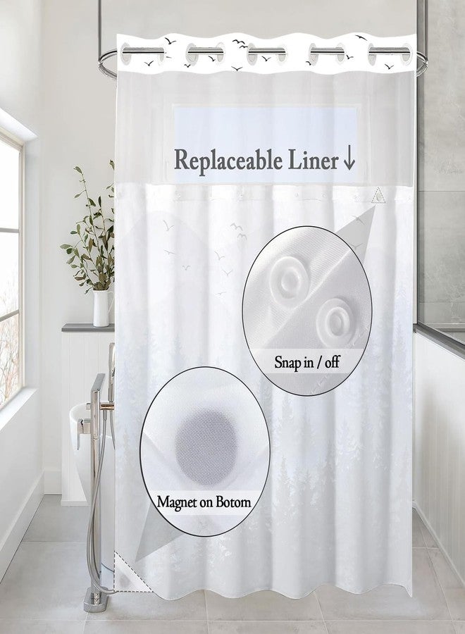 Accnicc No Hook Shower Curtain with Snap in Liner Blue Misty Forest Hookless Shower Curtains for Bathroom Foggy Nature Pine Tree Mountain Woodland Waterproof Fabric Bath Curtain Decor 71×74In - Image 5