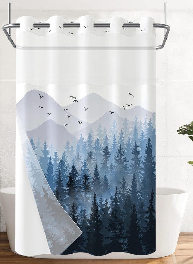 Accnicc No Hook Shower Curtain with Snap in Liner Blue Misty Forest Hookless Shower Curtains for Bathroom Foggy Nature Pine Tree Mountain Woodland Waterproof Fabric Bath Curtain Decor 71×74In - Image 4