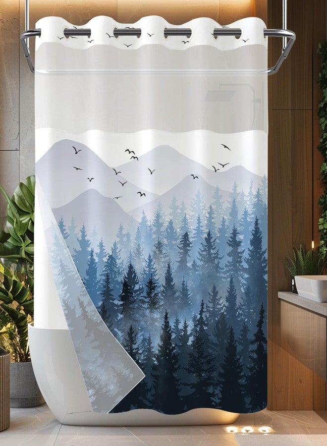 Accnicc No Hook Shower Curtain with Snap in Liner Blue Misty Forest Hookless Shower Curtains for Bathroom Foggy Nature Pine Tree Mountain Woodland Waterproof Fabric Bath Curtain Decor 71×74In - Image 1