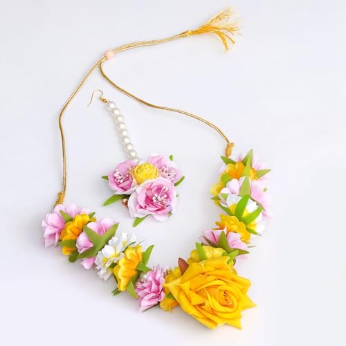 Sanvatsar Jewellery Flowers Jewellery Set For Haldi Gota Patti Necklace, Earrings, Bracelet & Maang Tika for Women & Girls (Mehandi/Haldi/Wedding/Bridal/Baby Shower) (Yellow Rose) - Image 2