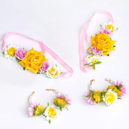 Sanvatsar Jewellery Flowers Jewellery Set For Haldi Gota Patti Necklace, Earrings, Bracelet & Maang Tika for Women & Girls (Mehandi/Haldi/Wedding/Bridal/Baby Shower) (Yellow Rose) - Image 3