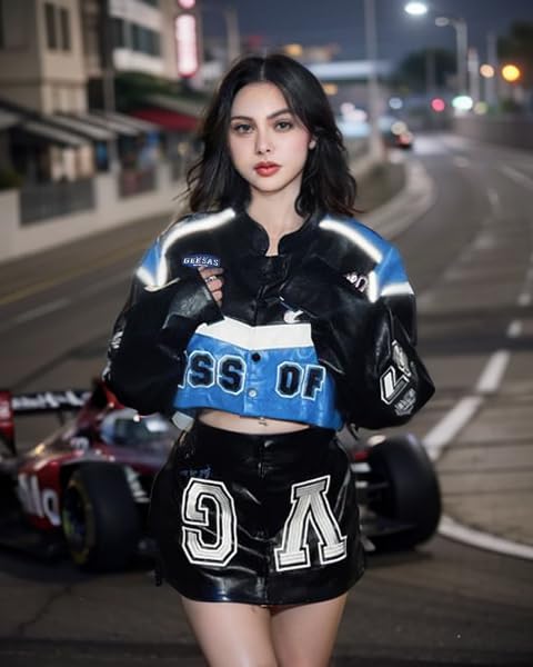 Vamtac Leather Racing Varsity Jackets Oversized Vintage Letterman Racing Bomber Coat Trendy Streetwear Black XS - Image 2