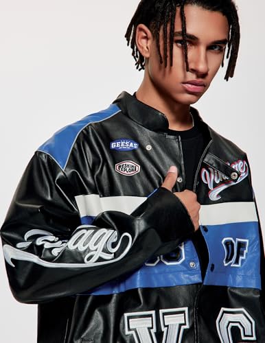 Vamtac Leather Racing Varsity Jackets Oversized Vintage Letterman Racing Bomber Coat Trendy Streetwear Black XS - Image 3