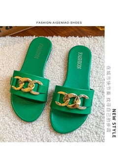 Womens Casual Summer 2023 Flat Foot Slippers With Metal Buckle One-Row Beach Sandals Nylon Lining Rubber Sole Adults Green