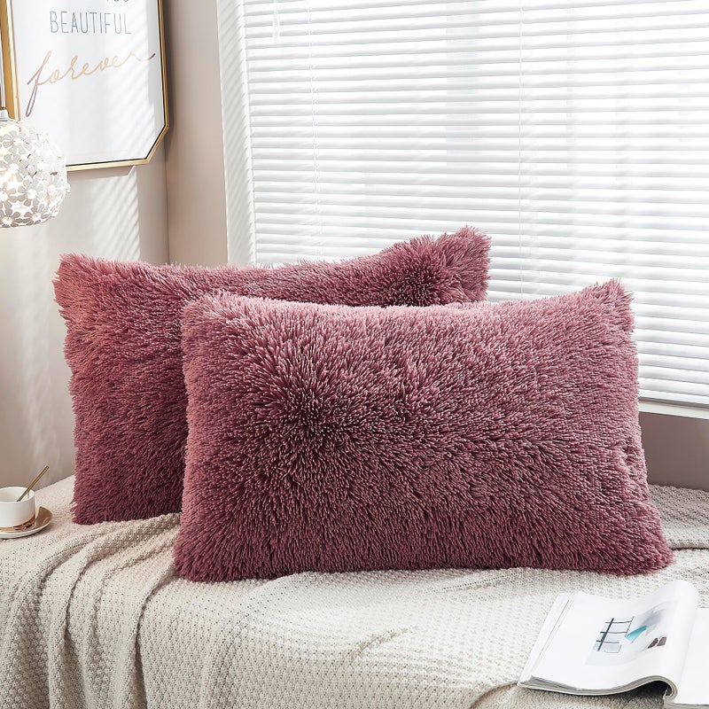 Jauxio Long Faux Fur Soild Soild Pillowcase Fluffy Throw Cover Cover Velvet Shaggy Plush Cushion Case من 2 Zipper Closure Size (Dusty Rose 20 "" x26 ""