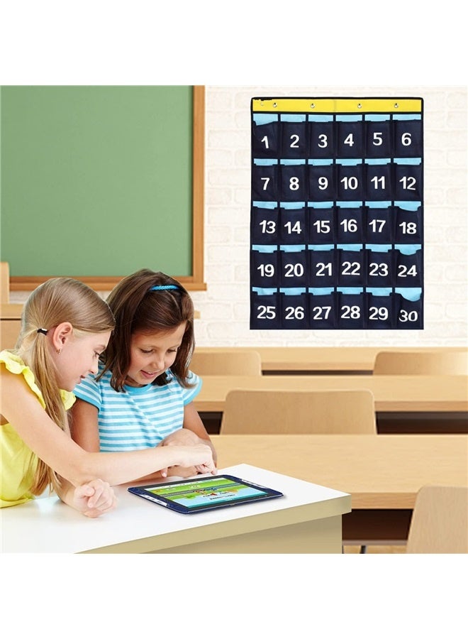 Numbered Pocket Chart Over Door Hanging Classroom Organizer for Cell Phones Calculators Holders Blue (30 Pockets)  - Image 1