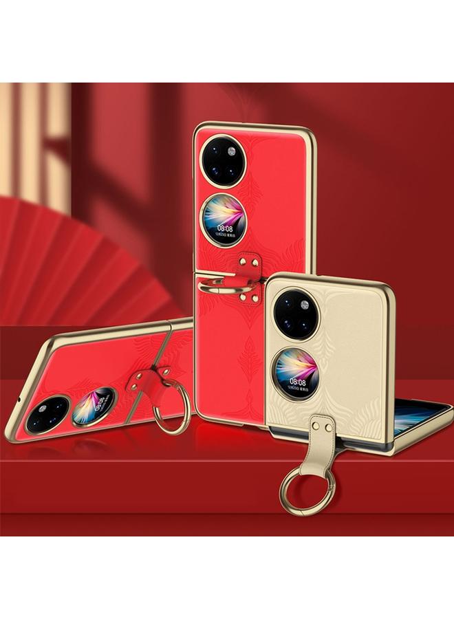 اس-توب جراب لهاتف Huawei P50، مصنوع من الجلد المنقوش المطلي بالكهرباء مع حلقة - Image 2