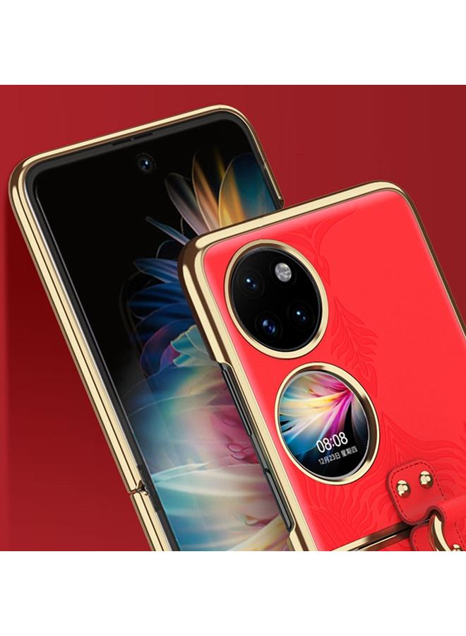 اس-توب جراب لهاتف Huawei P50، مصنوع من الجلد المنقوش المطلي بالكهرباء مع حلقة - Image 4
