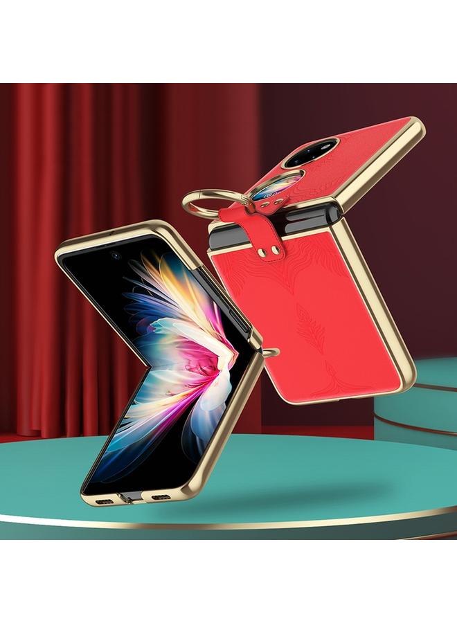 اس-توب جراب لهاتف Huawei P50، مصنوع من الجلد المنقوش المطلي بالكهرباء مع حلقة - Image 3