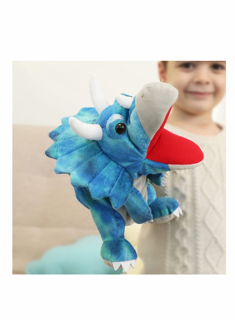 Y&D Dinosaur Hand Puppets, Triceratops Jurassic World Stuffed Animal Cute Soft Plush Toy, Open Movable Mouth Finger Gift, Birthday Gifts for Kids, Creative Role Play  - Image 5