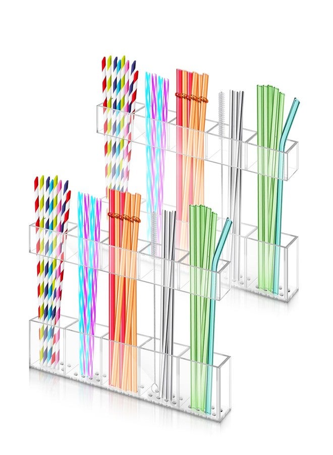 ProtectHobby 2-Pack 9.5" Large Acrylic Straw Holder for Cabinet Door, Reusable Straw Organizer with Adjustable Layers & Drainage Holes, Ultra-Strong Adhesive Stickers (Transparent) - Image 1
