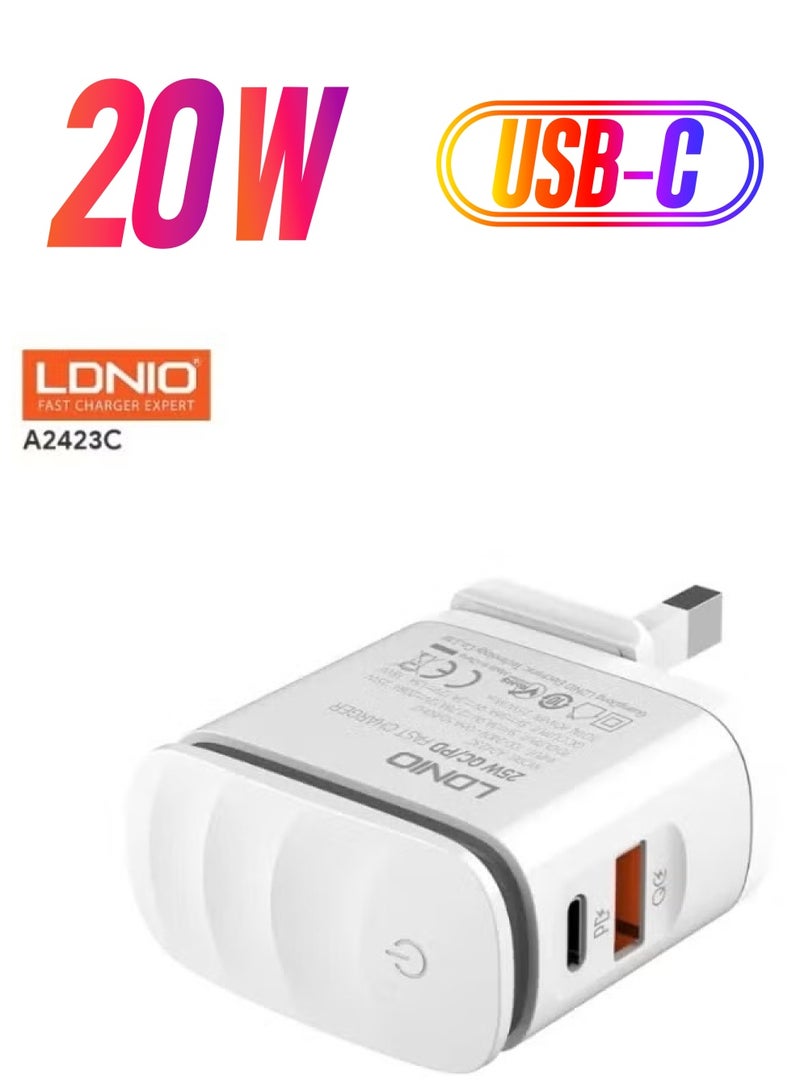 ELTRAZONE A2423C High-Quality EU Plug Fast Charger with LED – Dual Port (Type-C & USB) 20W, Includes Type-C to Type-C Charging Cable – White, Fast Charging for Smartphones, Tablets, and More - Image 1