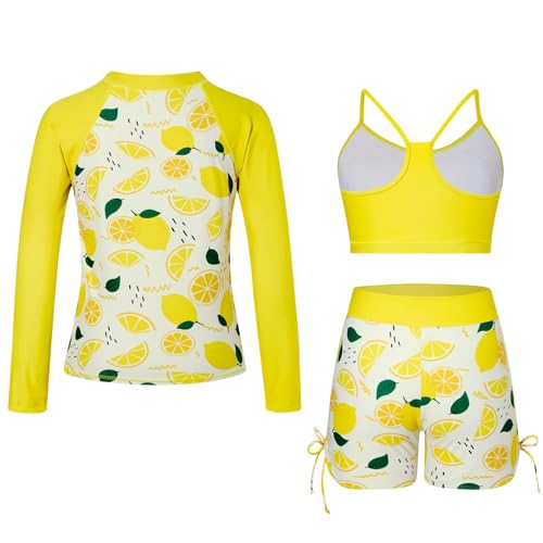 Funnycokid Girls Swimsuit Size 7 8 Lemon Rash Guard Zip Kids Boyshorts Bathing Suit Long Sleeve Bikini Black Swimwear 3 Pieces - Image 4