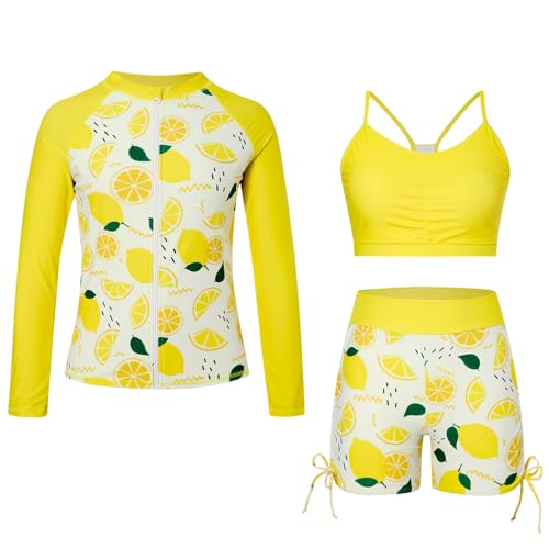 Funnycokid Girls Swimsuit Size 7 8 Lemon Rash Guard Zip Kids Boyshorts Bathing Suit Long Sleeve Bikini Black Swimwear 3 Pieces - Image 1
