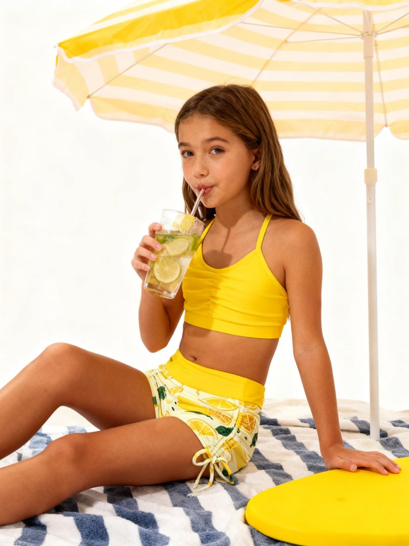 Funnycokid Girls Swimsuit Size 7 8 Lemon Rash Guard Zip Kids Boyshorts Bathing Suit Long Sleeve Bikini Black Swimwear 3 Pieces - Image 3