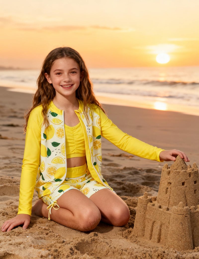 Funnycokid Girls Swimsuit Size 7 8 Lemon Rash Guard Zip Kids Boyshorts Bathing Suit Long Sleeve Bikini Black Swimwear 3 Pieces - Image 2