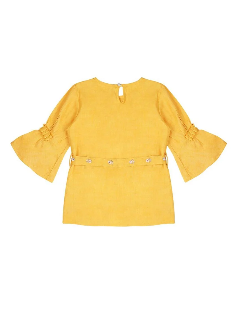 Ishin Women's Yellow 100% Cotton Printed Blouse Straight Fit Tops