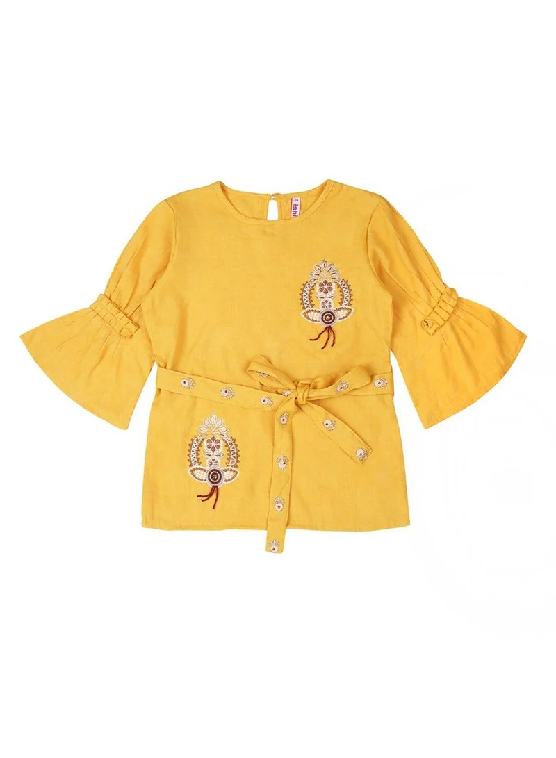 Ishin Women's Yellow 100% Cotton Printed Blouse Straight Fit Tops