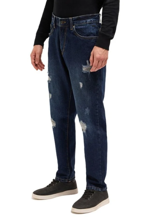 Men's Dark Blue with Light Fade Distressed Mid-Rise Relaxed Fit Jeans Classic Comfort With Modern Style, Perfect For Everyday Casual Looks And Effortless Streetwear Vibes
