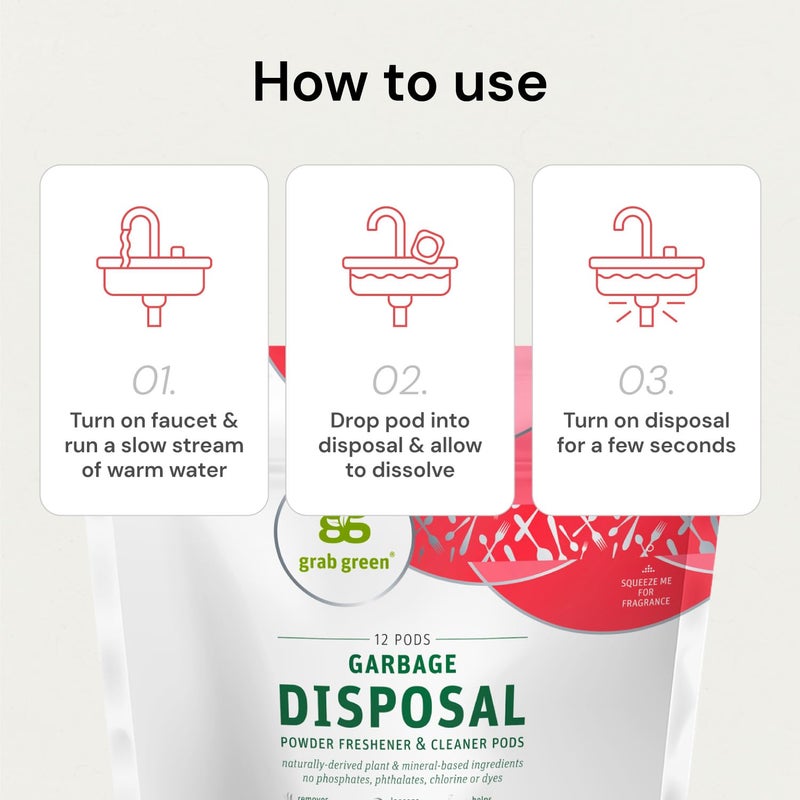 Grab Green Garbage Disposal Freshener and Cleaner Pods, 12 Count, Thyme with Fig Leaf Scent, Plant and Mineral Based, Removes Odors, Loosens Grime, Prevents Clogging - Image 5