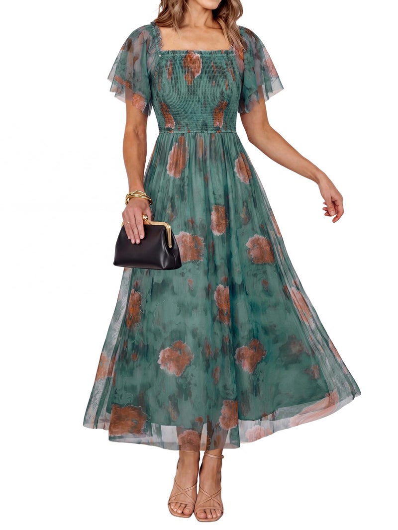 Simplee Womens Floral Maxi Dresses 2026 Summer Smocked Empire Waist Square Neck Short Sleeve Wedding Guest Party Dress - Image 1