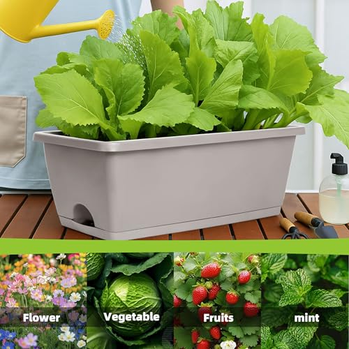 LOCONHA Window Box Planter, Plastic Vegetable Flower Planters Boxes 17 Inches Rectangular Flower Pots with Saucers for Indoor Outdoor Garden, Patio, Home Decor (7, French Grey) - Image 2