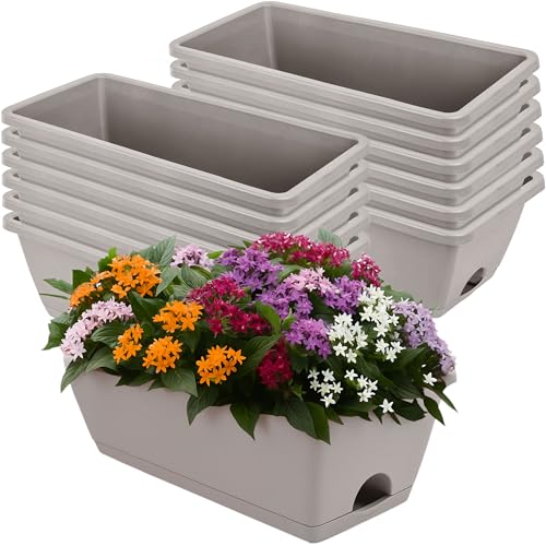LOCONHA Window Box Planter, Plastic Vegetable Flower Planters Boxes 17 Inches Rectangular Flower Pots with Saucers for Indoor Outdoor Garden, Patio, Home Decor (7, French Grey) - Image 1
