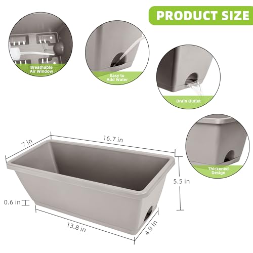 LOCONHA Window Box Planter, Plastic Vegetable Flower Planters Boxes 17 Inches Rectangular Flower Pots with Saucers for Indoor Outdoor Garden, Patio, Home Decor (7, French Grey) - Image 4