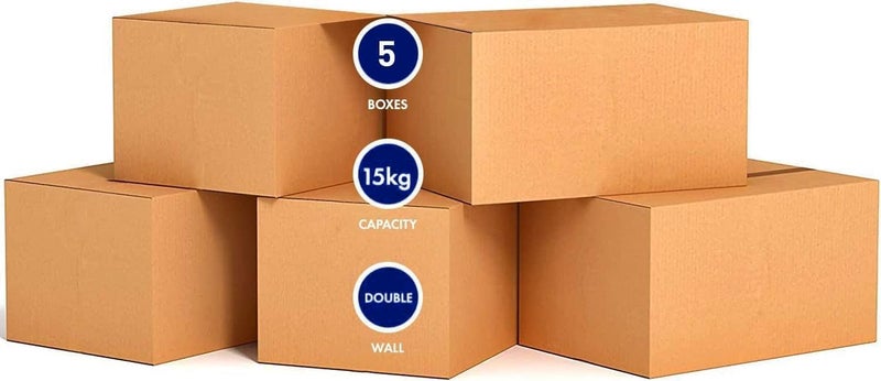 HOOJO صناديق شحن مضلعة HOOJO® 5 طبقات - عبوة من 5 - 41 × 33 × 33 سم - صناديق كرتونية مزدوجة الجدران - صناديق تعبئة ثقيلة للانتقال والتخزين والشحن - تتحمل حتى 15 كجم (صغيرة) - Image 1