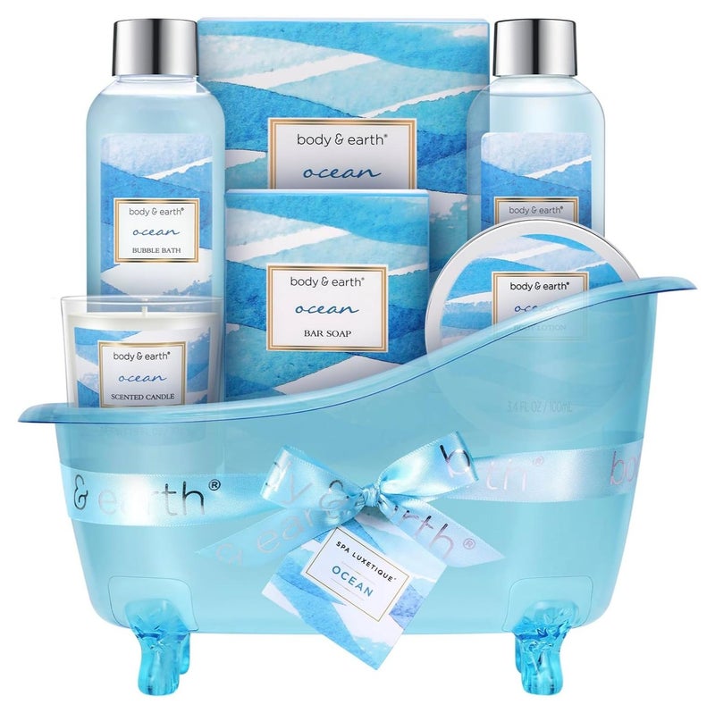 BODY & EARTH Bath Gift Set for Women,Body & Earth Home Spa Kit Scented with Ocean,Bath and Body Gift Basket Set,Spa Gifts for Women,7 Pcs Bath Set,Best Gift Ideal for Her - Image 1