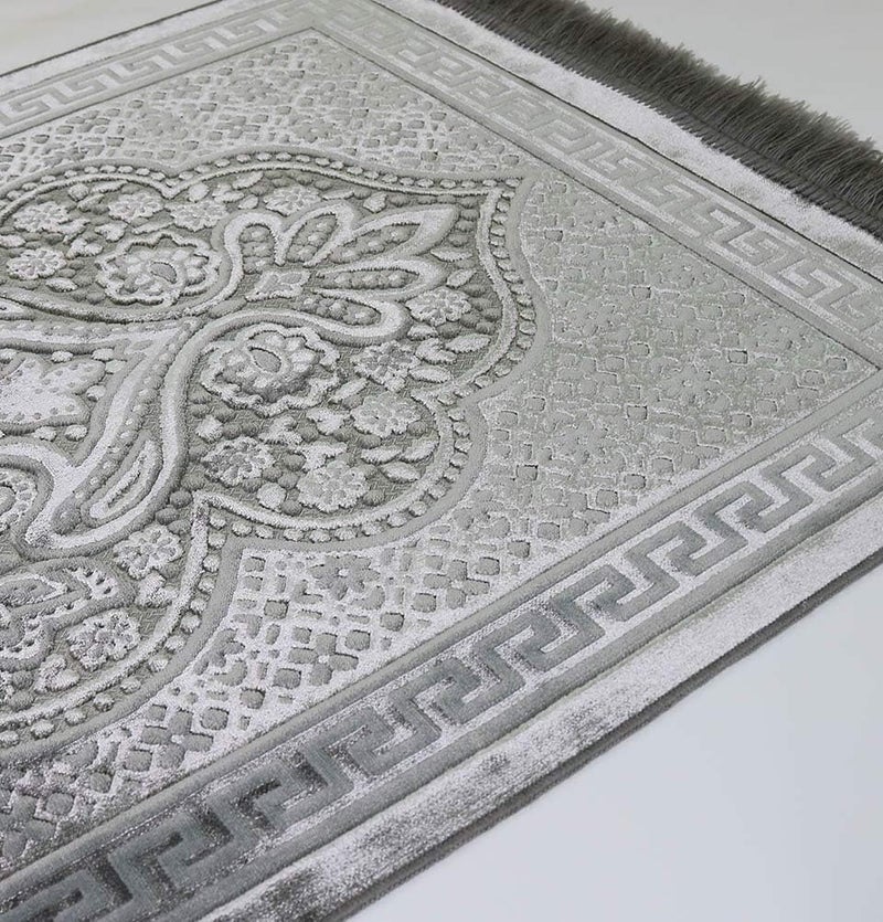Modefa Slow wear optimized quality Luxury Velvet Prayer Rug with Prayer Beads | Soft Elegant Muslim Turkish Janamaz Sajada Carpet for Men and Women | Plain Solid Prayer Mat Ramadan Eid Gift - Paisley (Silver Grey) Light durable upgraded substance - Image 4