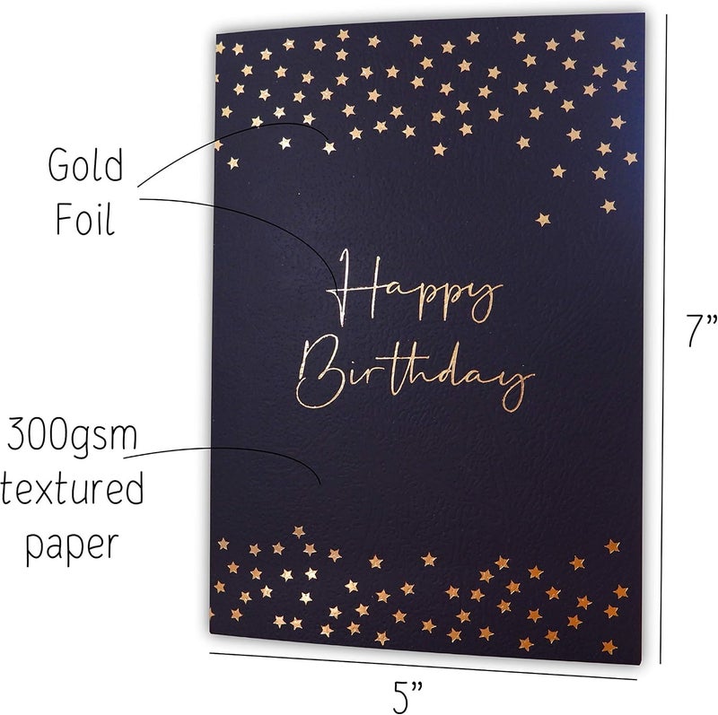CHRIZ.Z Birthday Card - Single Happy Birthday Greeting Card with Gold Foil Stars and Lettering on Textured Dark Blue Paper with Kraft Envelope - 5" x 7" - Blank Inside - Image 2