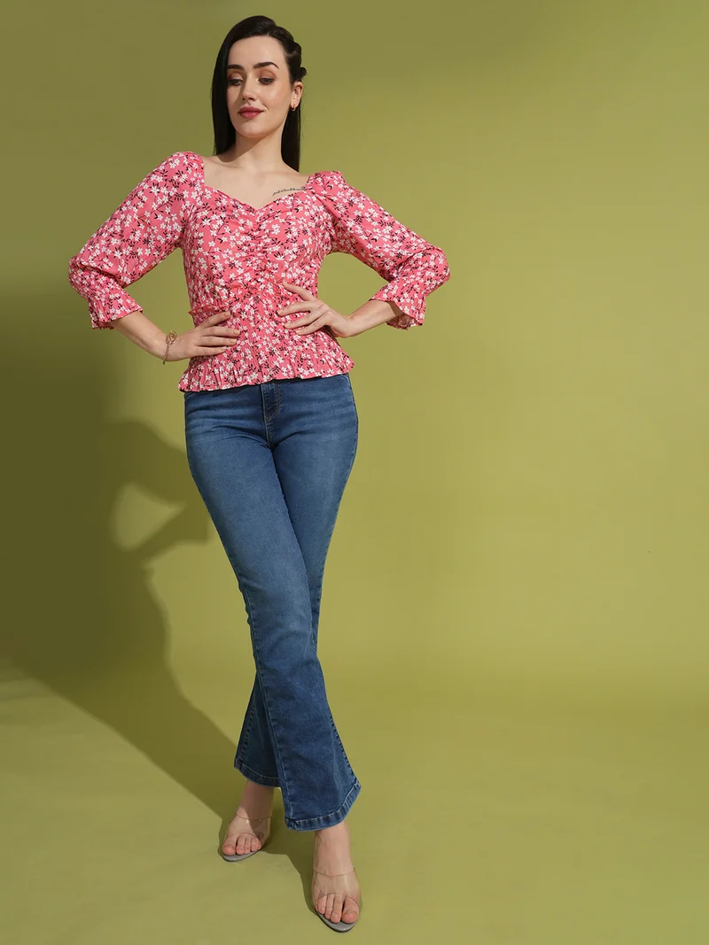 globus Women Floral Printed Sweetheart Neck Top