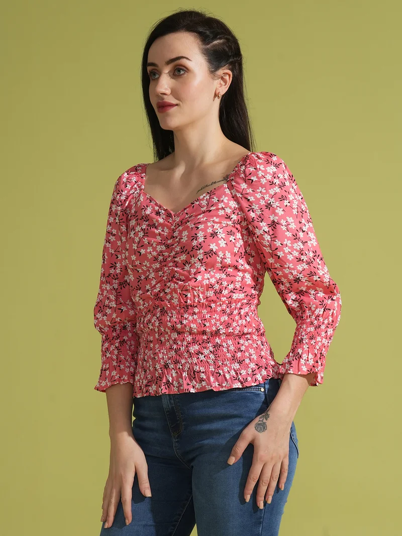 globus Women Floral Printed Sweetheart Neck Top