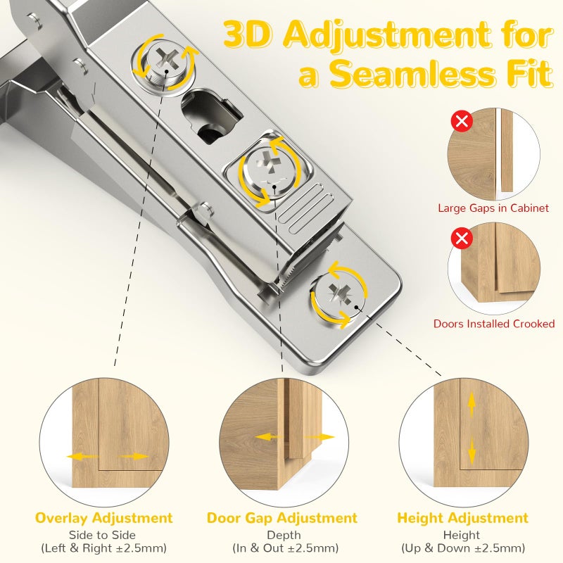 Onemake 2 Pack 110Â° Face Frame Inset Cabinet Hinges, Soft Closing 3D Adjustment, Clip On Plate, Smooth Slow Close Concealed Hidden Replacement, Easy Installation, Insert Hardware for Kitchen Cupborad - Image 4
