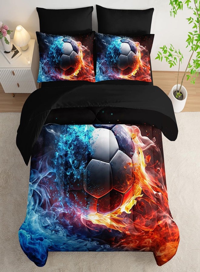 XYNHML Soccer Print Comforter 7Pcs Gaming Sport Soccer Bedding Set for Kid Teen Girl Boy Adult Ball Sports Games Ice Fire Football Quilt Bed Set Full with 2 Sheets,2 Pillowcases,2 Throw Pillow Covers - Image 4