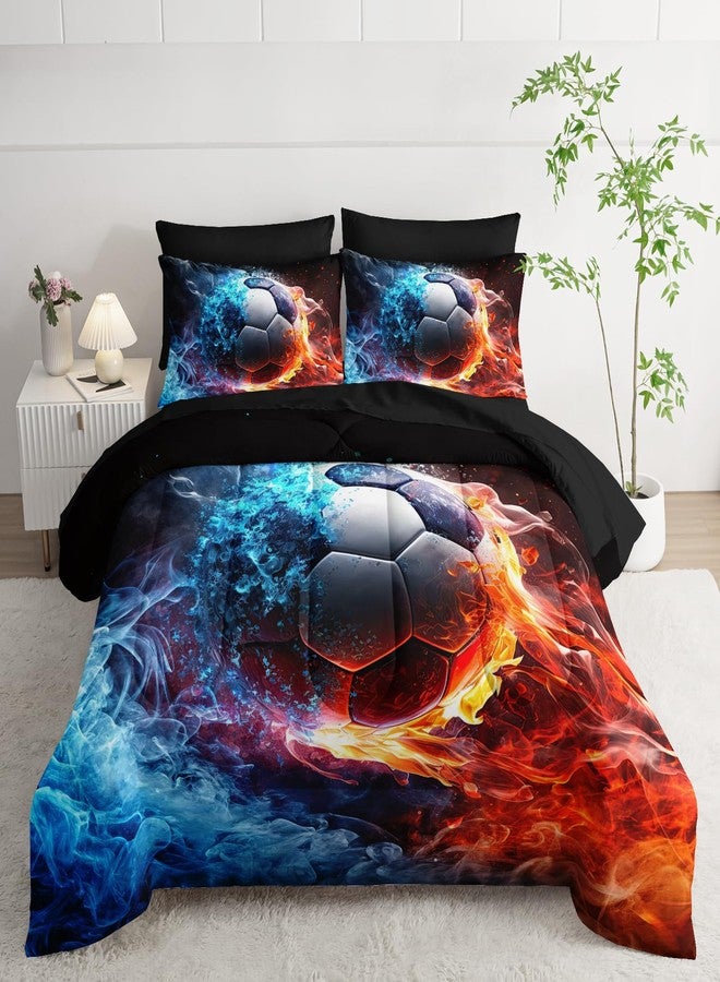 XYNHML Soccer Print Comforter 7Pcs Gaming Sport Soccer Bedding Set for Kid Teen Girl Boy Adult Ball Sports Games Ice Fire Football Quilt Bed Set Full with 2 Sheets,2 Pillowcases,2 Throw Pillow Covers - Image 1