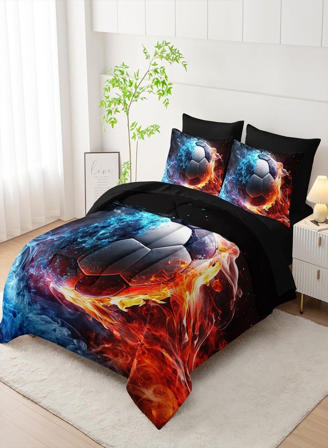 XYNHML Soccer Print Comforter 7Pcs Gaming Sport Soccer Bedding Set for Kid Teen Girl Boy Adult Ball Sports Games Ice Fire Football Quilt Bed Set Full with 2 Sheets,2 Pillowcases,2 Throw Pillow Covers - Image 2