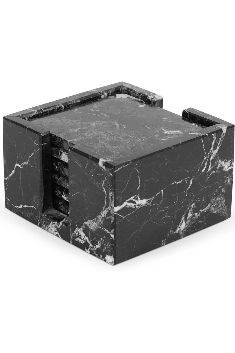 راديكالن طقم من ٦ قواعد أكواب رخامية مربعة سوداء مع حامل | ديكور منزلي وطاولة مصنوع يدويًا - Image 1