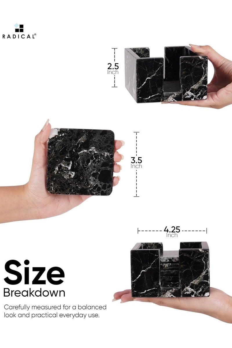 راديكالن طقم من ٦ قواعد أكواب رخامية مربعة سوداء مع حامل | ديكور منزلي وطاولة مصنوع يدويًا - Image 3